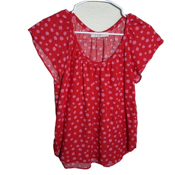 Loft Blouse Women's Small Red Pink Polka Dot Linen Blend Round Neck Ruffle Top - Picture 1 of 8